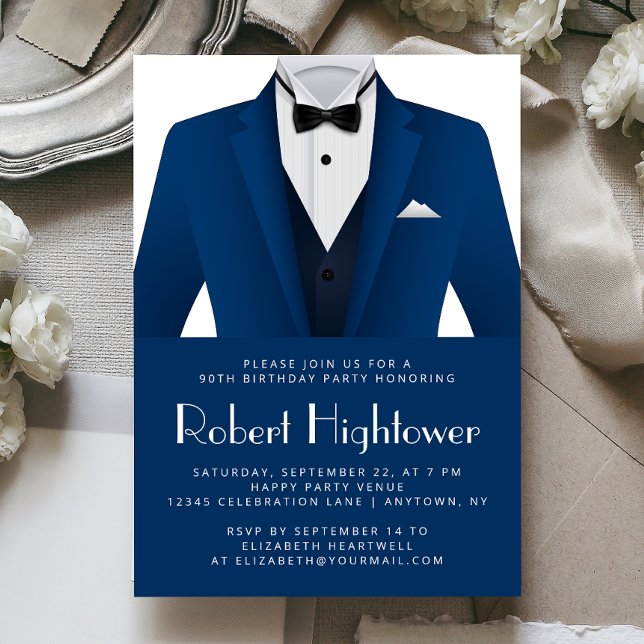 Blue White Tuxedo Mens Birthday Party Einladung (Von Creator hochgeladen)