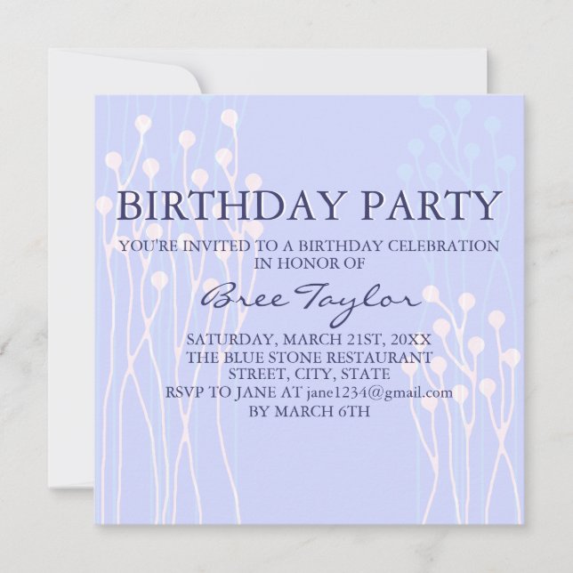 Blue & White Twig Design Geburtstag Einladung (Vorderseite)