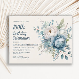 Blue White Vintag Floral Women's 100 th Birthday Einladungspostkarte
