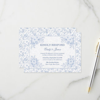 Blue & White Vintage Floral Wedding RSVP Karte