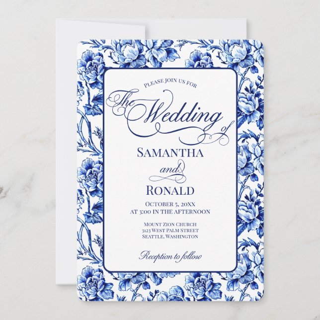 Blue & White w Calligraphy Floral Toile Wedding Einladung (Vorderseite)