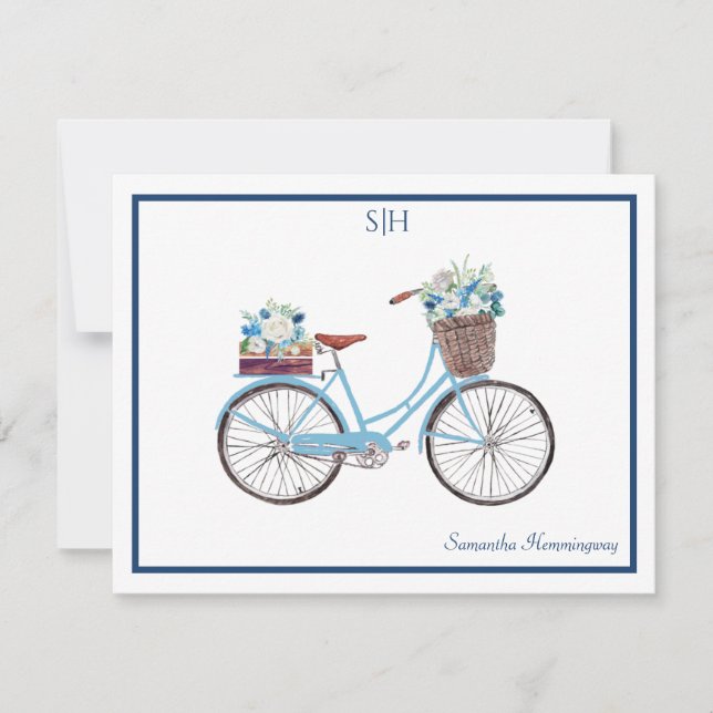 Blue White Watercolor Floral Bicycle Monogram Name Mitteilungskarte (Vorderseite)