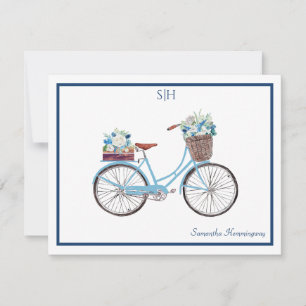 Blue White Watercolor Floral Bicycle Monogram Name Mitteilungskarte
