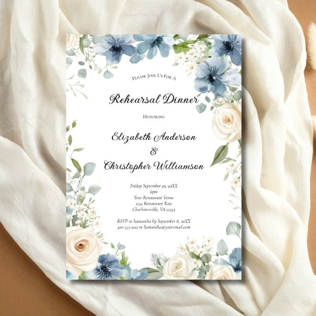Blue White Watercolor Florals Rehearsal Dinner Einladung (Blue White/Cream Watercolor Florals Wedding Rehearsal Dinner Invitation. Printed or Digital Download)