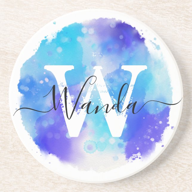 Blue White Watercolor Monogram Script Getränkeuntersetzer (Vorne)