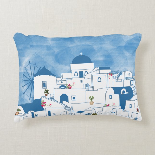 Blue & White Watercolor Santorini Griechenland Dekokissen (Vorderseite)