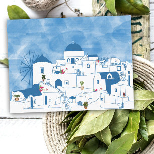 Blue & White Watercolor Santorini Griechenland Feiertagspostkarte