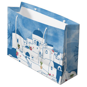Blue & White Watercolor Santorini Griechenland Große Geschenktüte
