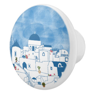Blue & White Watercolor Santorini Griechenland Keramikknauf