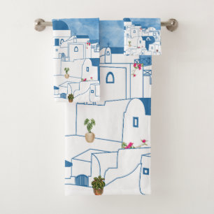 Blue & White Watercolor Santorini Griechenland Mon Badhandtuch Set