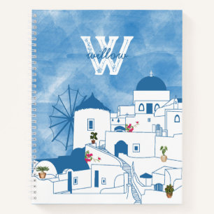 Blue & White Watercolor Santorini Griechenland Mon Notizbuch