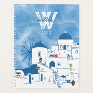 Blue & White Watercolor Santorini Griechenland Mon Planer