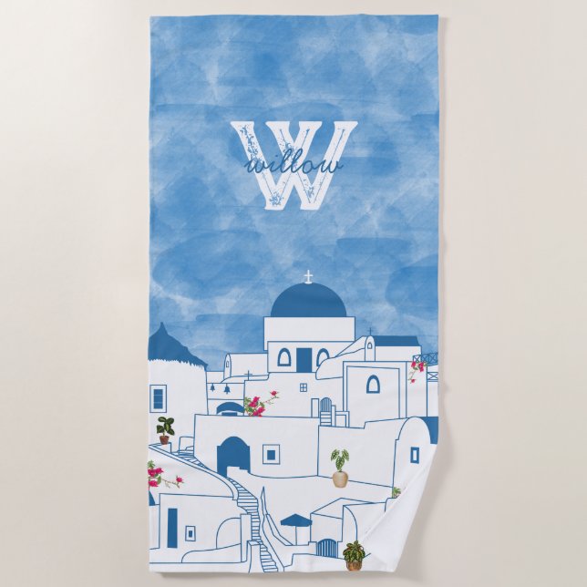 Blue & White Watercolor Santorini Griechenland Mon Strandtuch (Vorderseite)