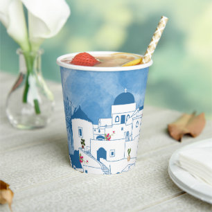 Blue & White Watercolor Santorini Griechenland Pappbecher