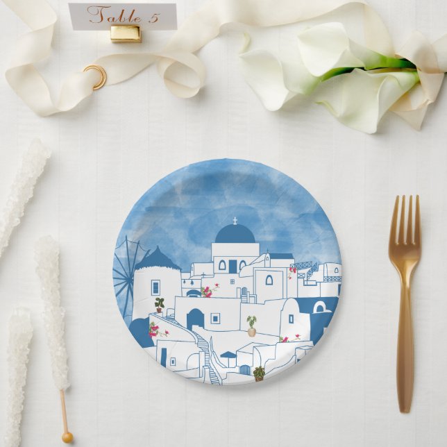 Blue & White Watercolor Santorini Griechenland Pappteller (Hochzeit)