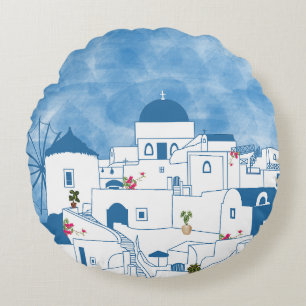 Blue & White Watercolor Santorini Griechenland Rundes Kissen