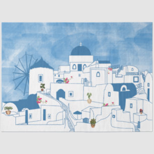 Blue & White Watercolor Santorini Griechenland Seidenpapier