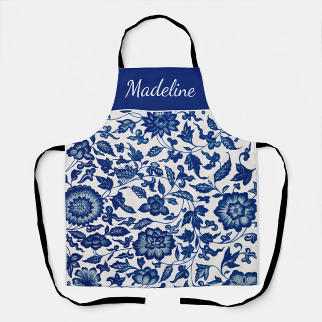 Blue White Watercolor Wildflower Custom Name Apron Schürze (Vorderseite)
