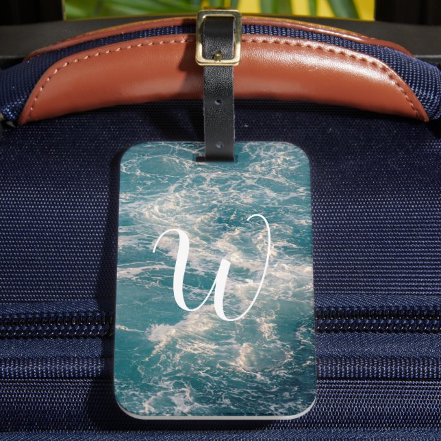 Blue White Waves Caribbean Seascape Monogram Gepäckanhänger (Vorderseite Insitu 2)