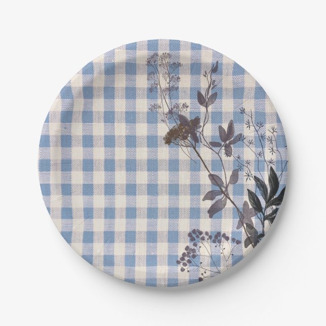 Blue White Wildblume Gingham Kariert Bauernhof Pappteller (Vorderseite)