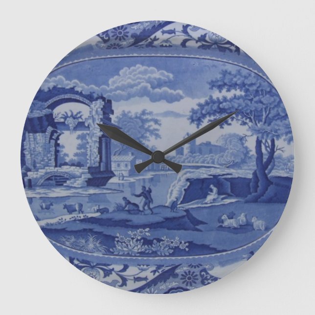 Blue & White Willow Esque Plate mit englischen Sze Große Wanduhr (Vorderseite)