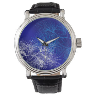 Blue White Winter Pine Watch Armbanduhr