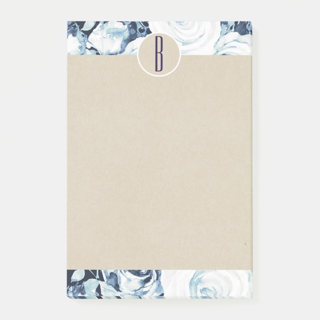 Blue White Winter Rosen Kraft Rustic Monogram Post-it Klebezettel (Vorderseite)