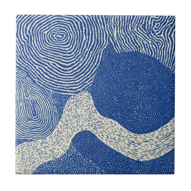 Blue White Woodcut Wave Abstract Pattern Fliese (Vorderseite)