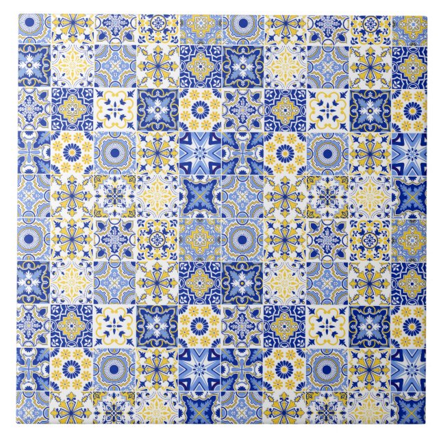 blue& white yellow Portuguese Azulejo pattern  Fliese (Vorderseite)