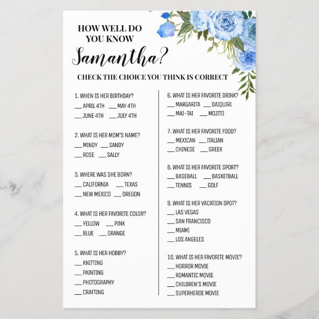 Blue Wie gut Sie wissen, Bride Shower Game Card Flyer (Vorne)