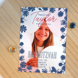Blue Wild Blume Border, Mauve Bat Mitzvah Foto Einladung