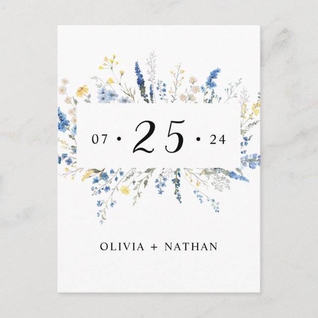 Blue Wild Floral Dainty Blume Boho Save the Date Einladungspostkarte (Vorderseite)