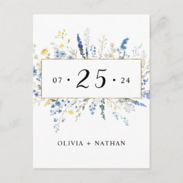Blue Wild Floral Dainty Blume Gold Save the Date Einladungspostkarte