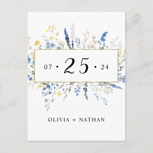 Blue Wild Floral Dainty Blume Gold Save the Date Einladungspostkarte (Vorderseite)