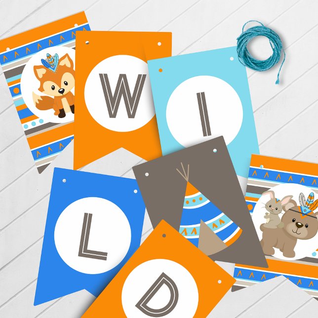 Blue Wild One Birthday Bunting Hangbanner Wimpelkette (Wild One 1st Birthday Hanging Banner in Blue, Brown and Orange. Featuring a Fox, Deer, Bear & Bunny)