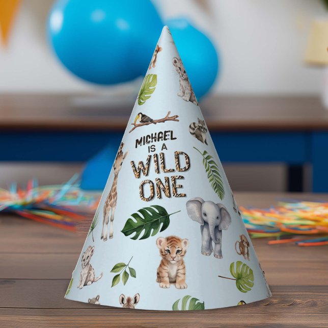 Blue Wild One, Safari Themed Baby Boy 1. Partyhütchen (Blue Wild One, Safari Themed Boy 1st birthday party hat.)