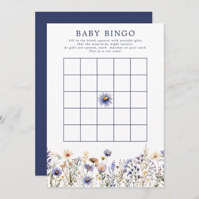 Blue Wildblume Boho Baby Dusche Bingo Spiel Einladung (Vorne/Hinten)