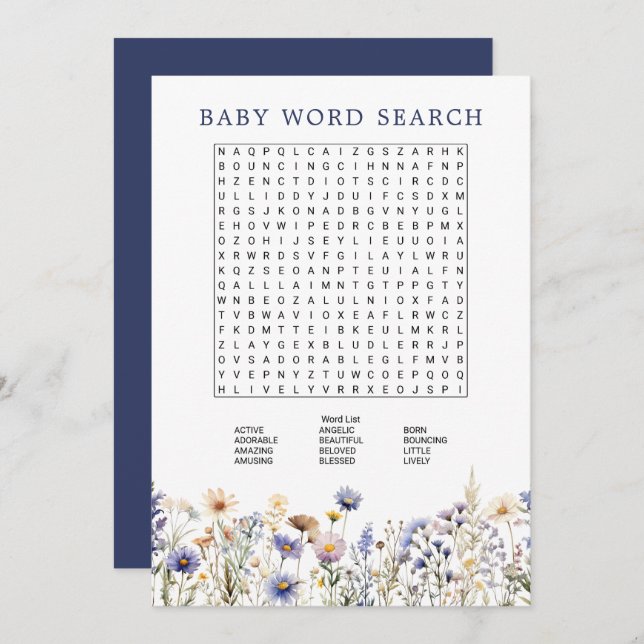 Blue Wildblume Boho Baby Shooter Word Search Game Einladung (Vorne/Hinten)