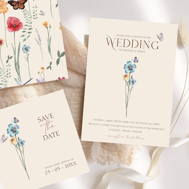 Blue Wildblume Butterfells Blumenhochzeit Einladung (Simple Blue Wildflower Butterflies Floral Wedding Invitation)