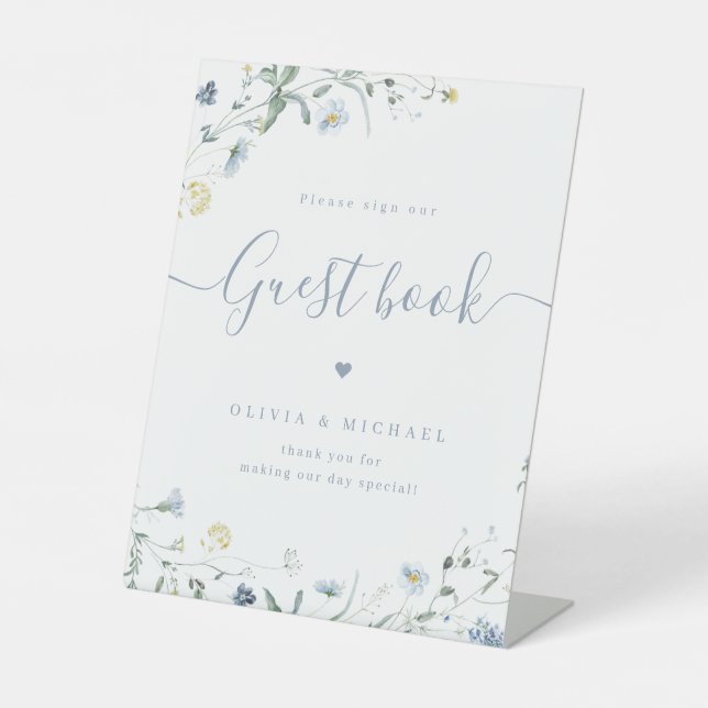 Blue Wildblume Drehbuch rustikal Wedding Gästebuch Sockelschild (Vorderseite)