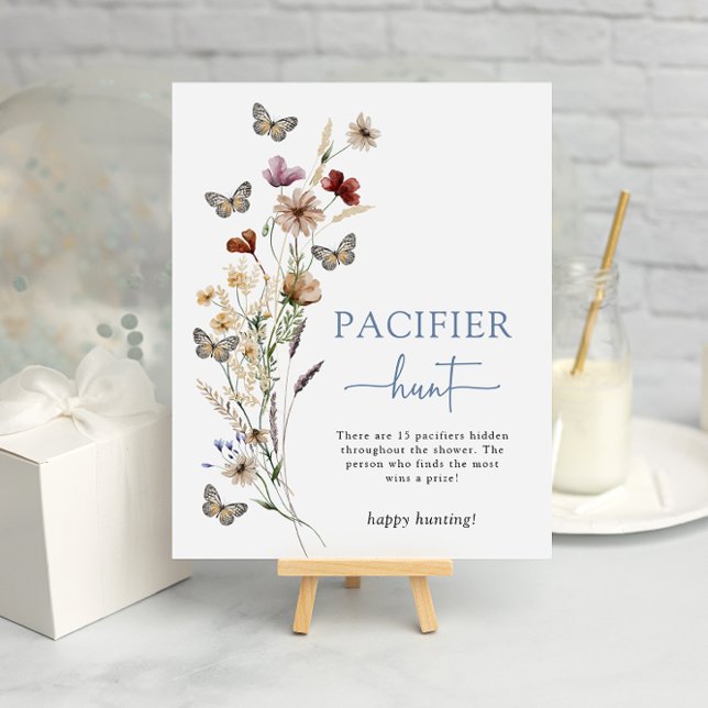 Blue Wildblume Schnuller Poster (Dusty Blue Wildflower Pacifier Hunt Game Poster with Butterflies by Painted Paperie
)