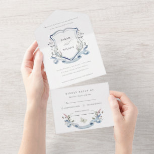 Blue Wildblume Watercolor Monogram Wappen Wedding All In One Einladung