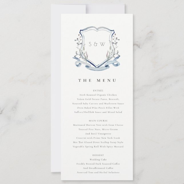 Blue Wildblume Watercolor Wappen Wedding Menu Card Einladung (Vorderseite)