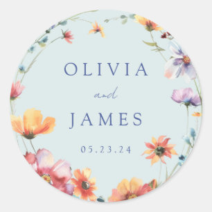 Blue Wildblume Wreath Summer Wedding Runder Aufkleber