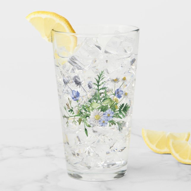 Blue Wildblumen Bouquet Glass Tumbler (Vorderseite Ice)