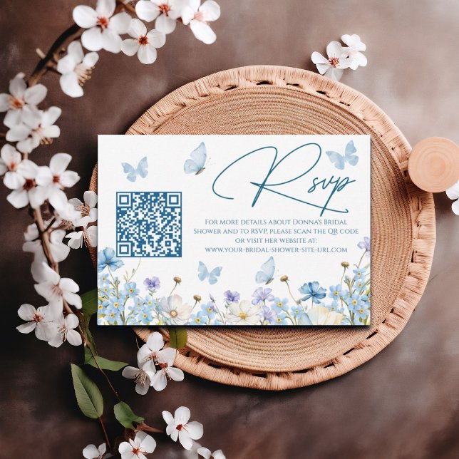 Blue Wildblumen Brautparty QR Code RSVP Karte (Von Creator hochgeladen)