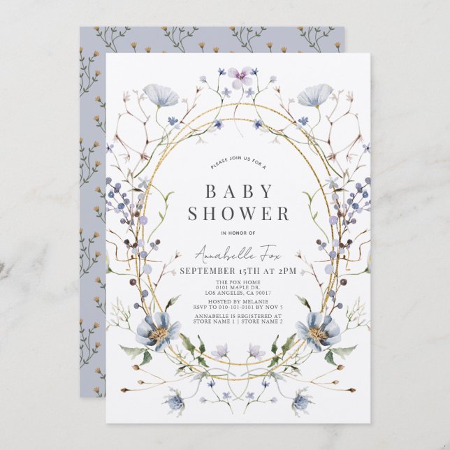 Blue Wildblumen Lavender Watercolor Babydusche Einladung (Vorne/Hinten)