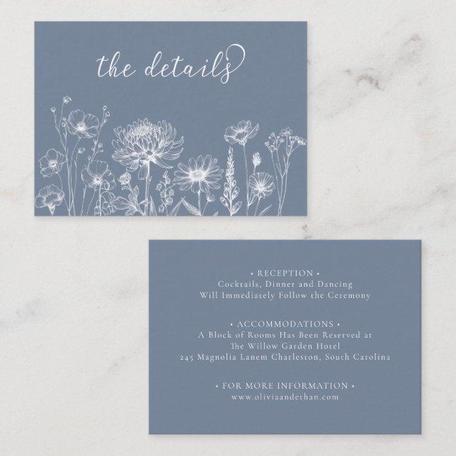 Blue Wildflower Details Card Periwinkle Wedding Begleitkarte (Vorne/Hinten)