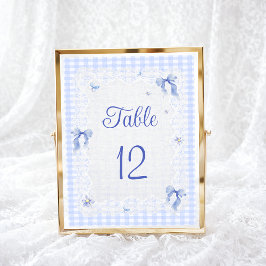 Blue Wildflower Floral Bow Gingham Table Number