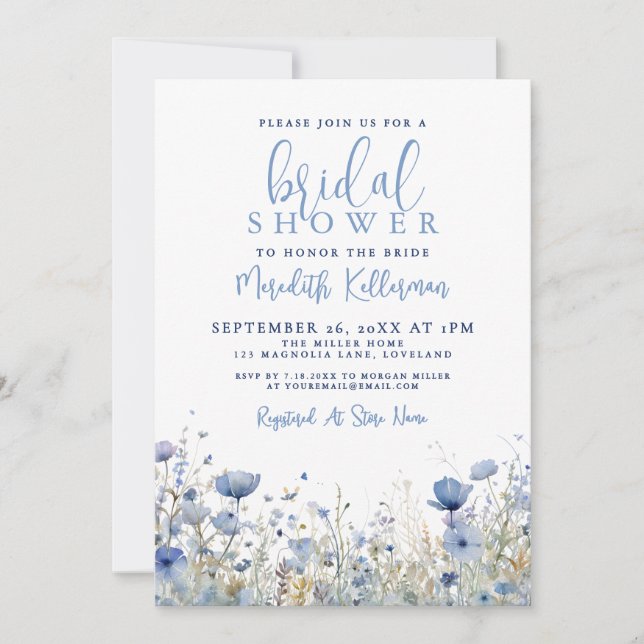 Blue Wildflower Floral Bridal Shower Einladung (Vorderseite)